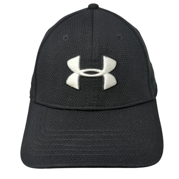 Under Armour Fitted Baseball Cap Black Large Embroidered Vented Holes 6 Panel - Picture 1 of 9